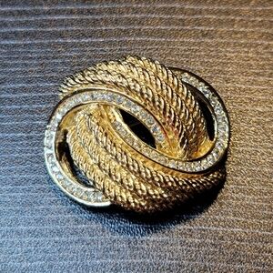 Vintage Christian Dior Large Gold Tone & Rhinestone Knot Braid Pin Brooch Signed